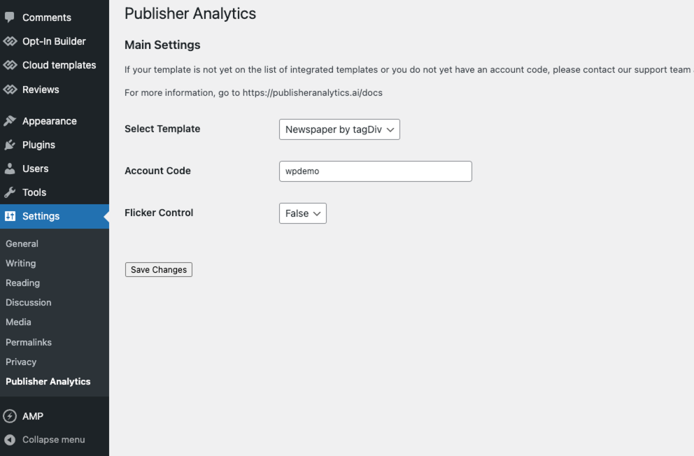 Publisher Analytics Plugin Configuration